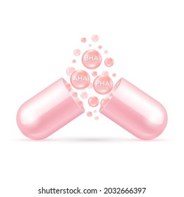 Serum capsule. Alpha Hyroxy Acid (AHA), Beta Hydroxy Acid (BHA) and Polyhydroxy Acids (PHA). Acid toner and serum pink. Use for face skin rejuvenation, beauty products medical concepts. ​3D Vector.