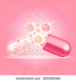 Serum capsule. Collagen, vitamin E and Coenzyme Q10. Acid toner and serum pink. Use for face skin rejuvenation, beauty products medical concepts. ​3D Vector.