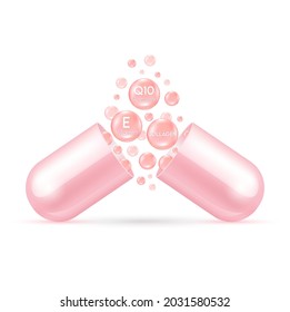 Serum Capsule. Collagen, Vitamin E And Coenzyme Q10. Acid Toner And Serum Pink. Use For Face Skin Rejuvenation, Beauty Products Medical Concepts. ​3D Vector.