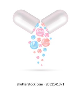 Serum capsule. Collagen, vitamin E and Coenzyme Q10. Acid toner and serum pink. Use for face skin rejuvenation, beauty products medical concepts. ​3D Vector.