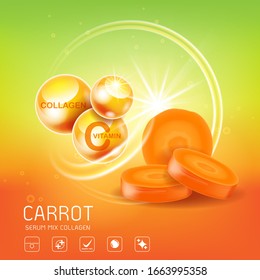 Serum Carrot and Collagen Vitamin  Extracts Vector Background. Template for Skin Care and Cosmetic Products.