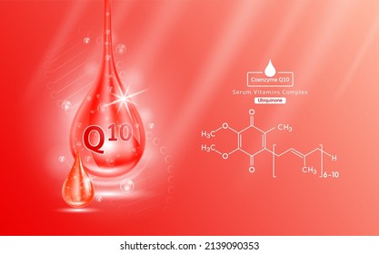 Serum coenzyme q10 liquid gel drop and structure. Collagen complex with chemical formula from nature skin care vitamins. Medical scientific concept. On red background 3D realistic vector EPS10.