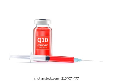 Coenzima de colágeno sérico Q10 dentro del frasco y la jeringa. Inyección de medicinas de vitamina IV goteo y minerales para la salud. Estética médica. Frasco de la vacuna de vidrio aislado sobre el vector de fondo blanco.
