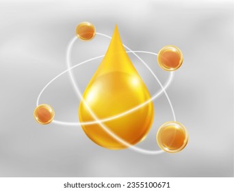 Serum or collagen drops Golden yellow cosmetic oil Surrounded by molecules Isolated on a gray background. skin care concept Design elements for cosmetic packaging, vitamins for skin care or hair.