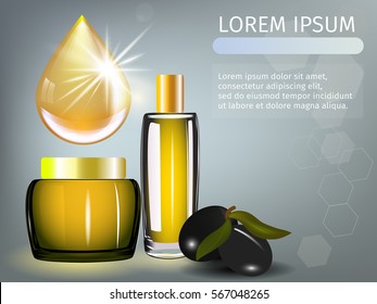Serum collagen and essentsial Oil. Cosmetics, skin care for anti-age concept vector. Jars of cream, tonic, drop. Space for text. 