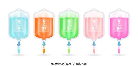 Serum collagen vitamin B inside saline bag. Injection of IV drip vitamin and minerals therapy for health and skin. Medical aesthetic concept. Saline bag set. On white background 3D vector EPS10.