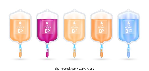 Serum collagen vitamin B inside saline bag. Injection of IV drip vitamin and minerals therapy for health and skin. Medical aesthetic concept. Saline bag set. On white background 3D vector EPS10.