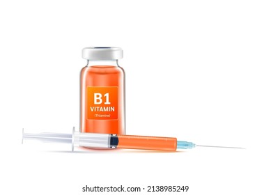 Serum collagen vitamin B1 inside bottle and syringe. Medicine injection of IV drip vitamins and minerals for health. Medical aesthetic concept. Glass vaccine bottle isolated on white background vector