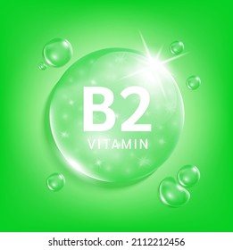 Serum Collagen Vitamin B2, grünes Tropfenwasser. Vitamin-Komplex mit chemischer Formel aus der Natur. Medizinische und wissenschaftliche Konzepte. Schönheitsbehandlung Ernährung Hautpflege Design. 3D-Realistischer Vektorgrafik EPS10.