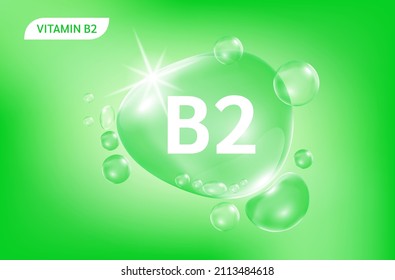 Serum Collagen Vitamin B2, grünes Tropfenwasser. Vitamin-Komplex mit chemischer Formel aus der Natur. Schönheitsbehandlung Ernährung Hautpflege Design. Medizinische und wissenschaftliche Konzepte. 3D-Realistischer Vektorgrafik EPS10.