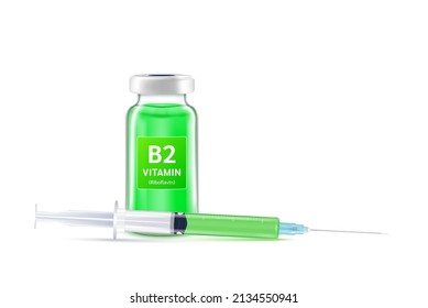 Colágeno sérico vitamina B2 dentro del frasco y la jeringa. Inyección de medicinas de vitaminas y minerales de goteo intravenoso para la salud. Concepto de estética médica. Frasco de la vacuna de vidrio aislado en el vector de fondo blanco