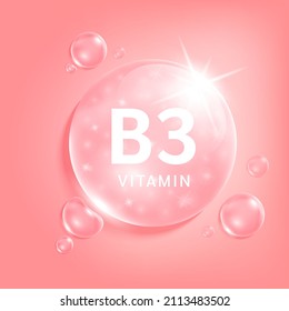 Serum collagen vitamin B3, Pink drop water. Vitamin complex with Chemical formula from nature. Medical and scientific concepts. Beauty treatment nutrition skin care design. 3D Realistic Vector EPS10.