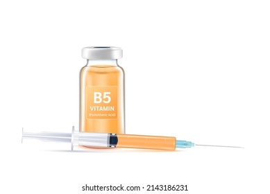 Serum collagen vitamin B5 inside bottle and syringe. Medicine injection of IV drip vitamins and minerals for health. Medical aesthetic concept. Glass vaccine bottle isolated on white background vector