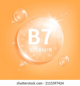 Serum collagen vitamin B7, Orange drop water. Vitamin complex with Chemical formula from nature. Medical and scientific concepts. Beauty treatment nutrition skin care design. 3D Realistic Vector.