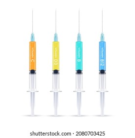 Serum collagen vitamin C, D, B12  in a syringe and saline, Injection of vitamin drip therapy for health and skin. Medical aesthetic concept. Syringe set. On white background 3D vector illustration.