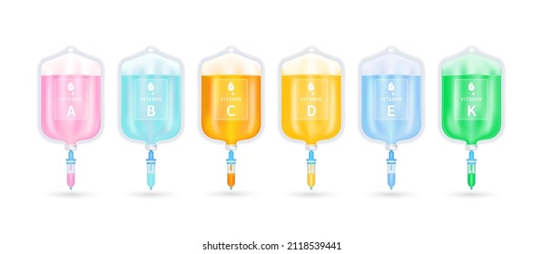 Serum collagen vitamin D inside saline bag. Injection of IV drip vitamin and minerals therapy for health and skin. Medical aesthetic concept. Saline bag set. On white background 3D vector EPS10. - Shutterstock ID 2118539441
