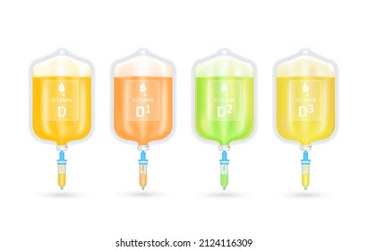 Serum collagen vitamin D inside saline bag. Injection of IV drip vitamin and minerals therapy for health and skin. Medical aesthetic concept. Saline bag set. On white background 3D vector EPS10.