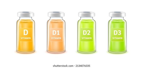 Serum collagen vitamin D inside bottle. Medicine injection of IV drip vitamins and minerals for health. Medical aesthetic concept. Glass vaccine bottle set. Isolated on white background. 3D vector.