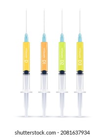 Serum collagen vitamin D in a syringe and saline, Injection of vitamin drip therapy for health and skin. Medical aesthetic concept. Syringe set. On white background 3D vector illustration.