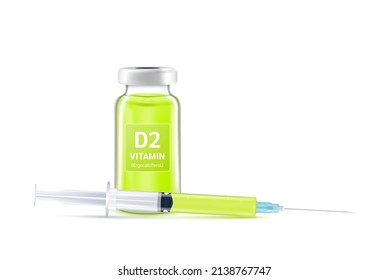 Colágeno sérico vitamina D2 dentro del frasco y la jeringa. Inyección de medicinas de vitaminas y minerales de goteo intravenoso para la salud. Concepto de estética médica. Frasco de la vacuna de vidrio aislado en el vector de fondo blanco