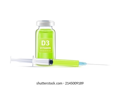 Serum collagen vitamin D3 inside bottle and syringe. Medicine injection of IV drip vitamins, minerals for health. Medical aesthetic concept. Glass vaccine bottle isolated on white background vector.