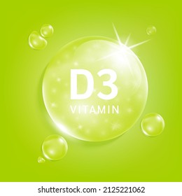 Serum collagen vitamin D3, light green drop water. Vitamin complex with Chemical formula from nature. Medical and scientific concepts. Beauty treatment nutrition skin care design. 3D Realistic Vector.