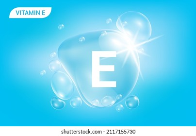 Serum collagen vitamin E, Blue drop water. Vitamin complex with Chemical formula from nature. Medical and scientific concepts. Beauty treatment nutrition skin care design. 3D Realistic Vector EPS10.