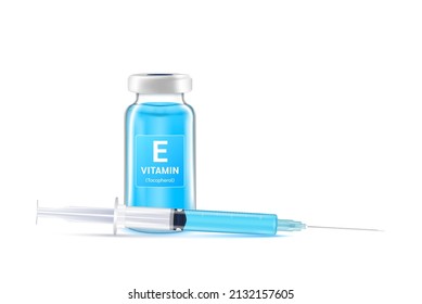 Colágeno sérico vitamina E dentro del frasco y la jeringa. Inyección de medicinas de vitaminas y minerales de goteo intravenoso para la salud. Concepto de estética médica. Frasco de la vacuna de vidrio aislado sobre el vector de fondo blanco.