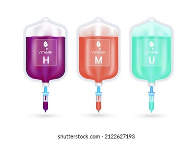 Serum collagen vitamin inside saline bag. Injection of IV drip vitamin and minerals therapy for health and skin. Medical aesthetic concept. Saline bag set. On white background 3D vector EPS10.