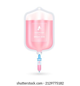 Serum collagen vitamin inside saline bag for bright skin pink. Injection of IV drip vitamin and minerals for health and skin. Medical aesthetic concept. Saline bag on white background 3D vector EPS10.