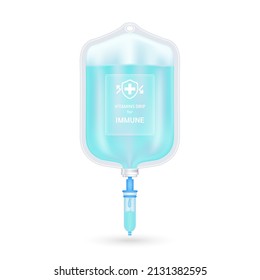 Serum collagen vitamin inside saline bag for immune blue. Injection of IV drip vitamin and minerals for health. Medical aesthetic concept. Saline bag on white background 3D vector EPS10.