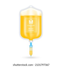 Serum collagen vitamin inside saline bag for weight control orange. Injection of IV drip vitamin and minerals for health. Medical aesthetic concept. Saline bag on white background 3D vector EPS10.