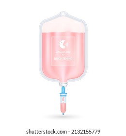 Serum collagen vitamin inside saline bag for brightening pink. Injection of IV drip vitamin and minerals for health and skin. Medical aesthetic concept. Saline bag on white background 3D vector EPS10.