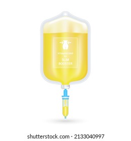 Serum collagen vitamin inside saline bag for slim booster yellow. Injection of IV drip vitamin and minerals for health. Medical aesthetic concept. Saline bag on white background 3D vector EPS10.