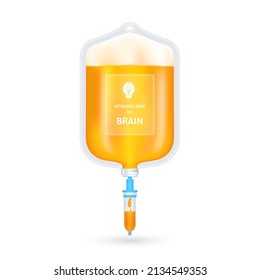 Serum collagen vitamin inside saline bag for brain orange. Injection of IV drip vitamin and minerals for health. Medical aesthetic concept. Saline bag on white background 3D vector EPS10.