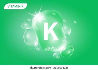 Serum collagen vitamin K, Green drop water. Vitamin complex with Chemical formula from nature. Medical and scientific concepts. Beauty treatment nutrition skin care design. 3D Realistic Vector EPS10.