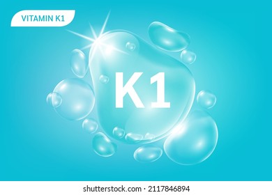 Serum collagen vitamin K1, Blue drop water. Vitamin complex with Chemical formula from nature. Medical and scientific concepts. Beauty treatment nutrition skin care design. 3D Realistic Vector EPS10.