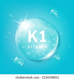 Serum collagen vitamin K1, Blue drop water. Vitamin complex with Chemical formula from nature. Medical and scientific concepts. Beauty treatment nutrition skin care design. 3D Realistic Vector EPS10.