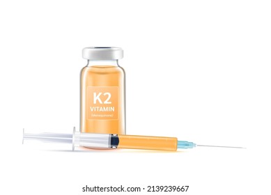 Serum collagen vitamin K2 inside bottle and syringe. Medicine injection of IV drip vitamins and minerals for health. Medical aesthetic concept. Glass vaccine bottle isolated on white background vector