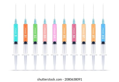 Serum collagen vitamin in a syringe and saline, Injection of vitamin drip therapy for health and skin. Medical aesthetic concept. Syringe set. Isolated on white background 3D vector illustration.