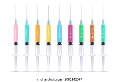 Serum collagen vitamin in a syringe and saline, Injection of vitamin drip therapy for health and skin. Medical aesthetic concept. Syringe set. On white background 3D vector illustration.