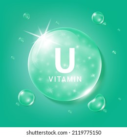 Serum collagen vitamin U, Green drop water. Vitamin complex with Chemical formula from nature. Medical and scientific concepts. Beauty treatment nutrition skin care design. 3D Realistic Vector EPS10.