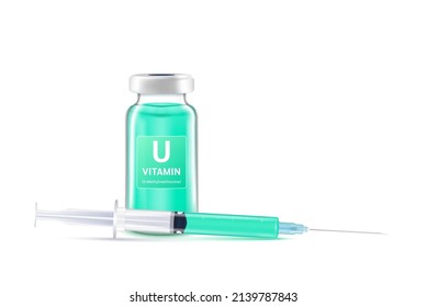 Serum collagen vitamin U inside bottle and syringe. Medicine injection of IV drip vitamins and minerals for health. Medical aesthetic concept. Glass vaccine bottle isolated on white background vector.