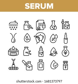 Serum And Cosmetic Collection Icons Set Vector. Serum Formula And Production, Chemical Laboratory Research And Test, Container And Flask Concept Linear Pictograms. Monochrome Contour Illustrations