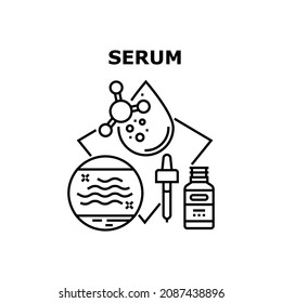 Serum Cosmetic Vector Icon Concept. Serum Cosmetic Chemical Liquid For Treatment And Renewal Skin. Skincare Cosmetology Essential Oil Product Package With Pipette Black Illustration