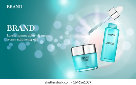 Serum und Creme mit Tröpfchen und glänzendem Licht auf blauem Hintergrund