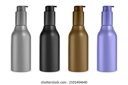 Serum dispenser bottle mockup. Mini pump bottle for face foundation. Small press can template, face cleansing liquid, body oil packaging design. Airless mousse sample design