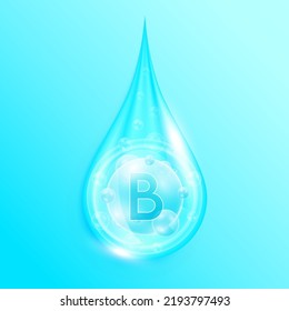 Serum Drop Water Vitamin B Blue. Vitamins Complex Mineral Liquid With Collagen Oxygen Bubbles. Skin Care Cosmetics Solution Design. Beauty Medical Concepts. 3D Realistic Vector EPS10.