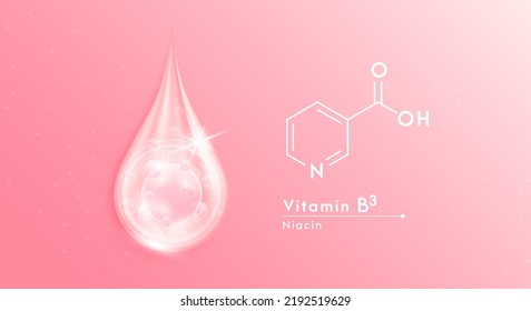 Serum drop water vitamin B3 pink and structure. Vitamins complex with collagen oxygen bubbles. Banner design template skin care cosmetics solution. Beauty medical concepts. 3D Realistic Vector EPS10.