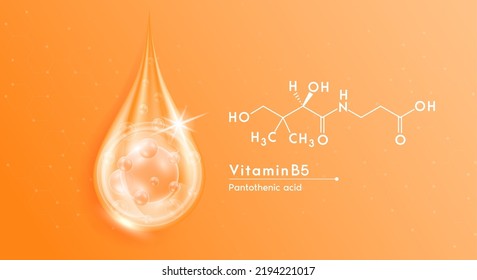 Agua de gota sérica vitamina B5 naranja y estructura. Complejo de vitaminas con burbujas de oxígeno de colágeno. Modelo de diseño de pancarta solución de cosméticos de cuidado de la piel. Conceptos médicos de belleza. Vector Realista 3D.